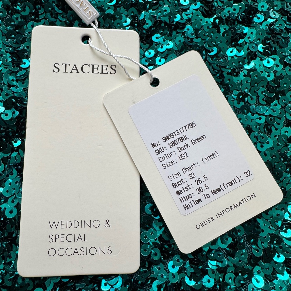 STACEES Dark Green Floral Sheer Corset Sequin Mini Spaghetti Strap Dress Sz 2 - Picture 15 of 16